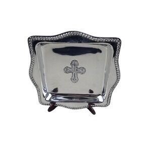 Beatriz Ball Cross Trinket Dish Beaded Rim Silver Aluminum 4x4 Baby Cross Tray
